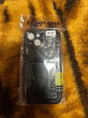 Versace Black Wallet Phone Case for iPhone 15 with Embossed Medallion